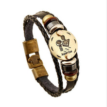 Load image into Gallery viewer, Zodiac Signs Black Gallstone Charm Leather Bracelet