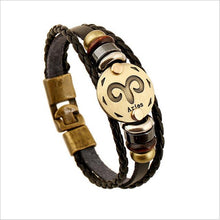 Load image into Gallery viewer, Zodiac Signs Black Gallstone Charm Leather Bracelet