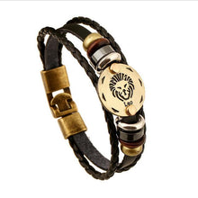 Load image into Gallery viewer, Zodiac Signs Black Gallstone Charm Leather Bracelet