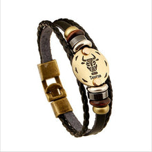 Load image into Gallery viewer, Zodiac Signs Black Gallstone Charm Leather Bracelet