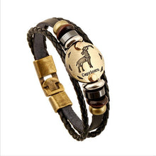 Load image into Gallery viewer, Zodiac Signs Black Gallstone Charm Leather Bracelet