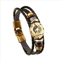Load image into Gallery viewer, Zodiac Signs Black Gallstone Charm Leather Bracelet