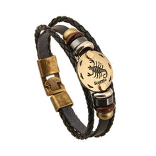 Load image into Gallery viewer, Zodiac Signs Black Gallstone Charm Leather Bracelet
