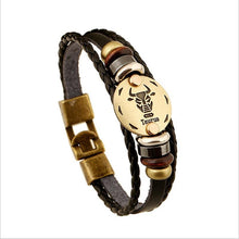 Load image into Gallery viewer, Zodiac Signs Black Gallstone Charm Leather Bracelet