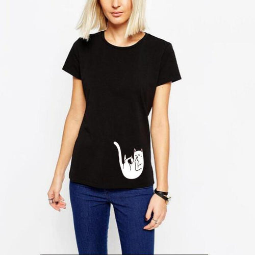 New Women T-Shirt  Falling Cat Print Funny Casual
