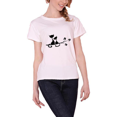 New Women T-Shirt Black Cats White Color