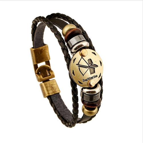 Zodiac Signs Black Gallstone Charm Leather Bracelet
