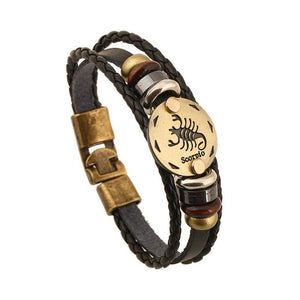 Zodiac Signs Black Gallstone Charm Leather Bracelet