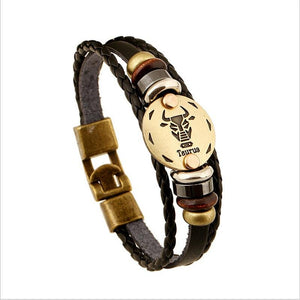 Zodiac Signs Black Gallstone Charm Leather Bracelet