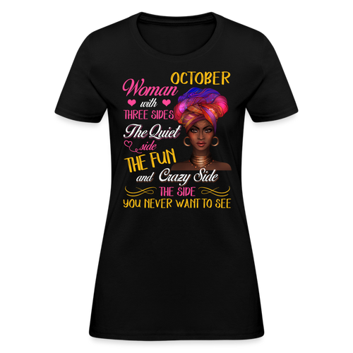 October Woman With Three Sides Shirts Women, Birthday T Shirts, Summer Tops, Beach T Shirts - black