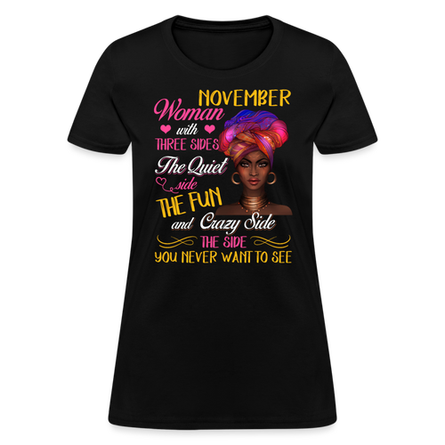 November Woman With Three Sides Shirts Women, Birthday T Shirts, Summer Tops, Beach T Shirts - black