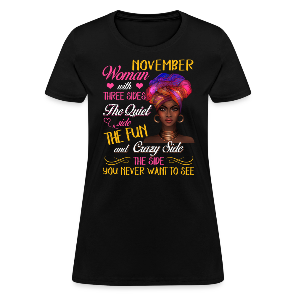 November Woman With Three Sides Shirts Women, Birthday T Shirts, Summer Tops, Beach T Shirts - black
